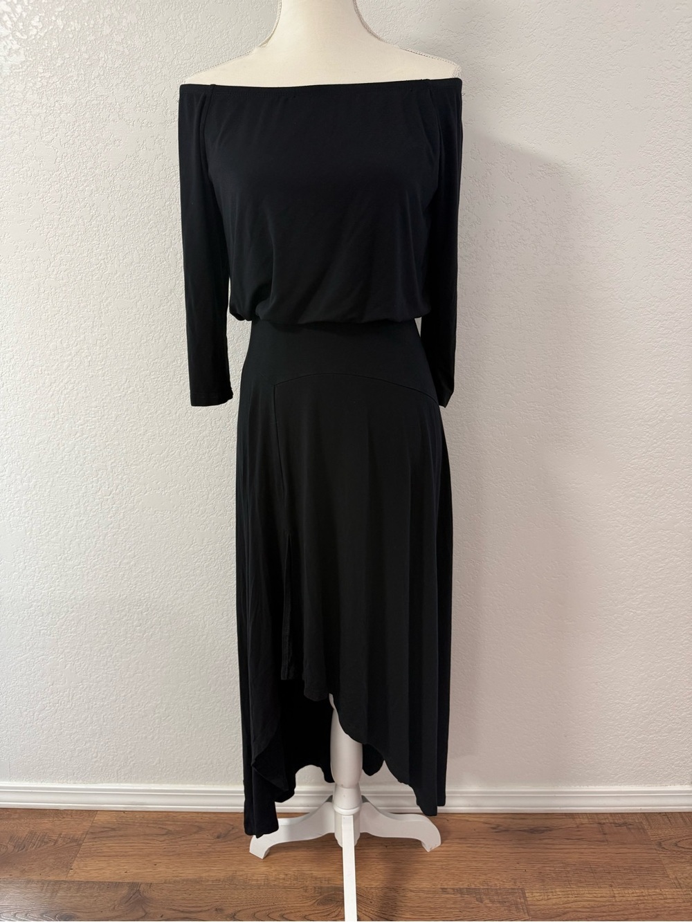 FAVLUX M Black Off Shoulder 3/4 Sleeve A-Line Hi-Low Knit Rayon Spandex